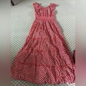 Red and White Ruffled Tiered Midi Sundress. Pink City Prints. Medium